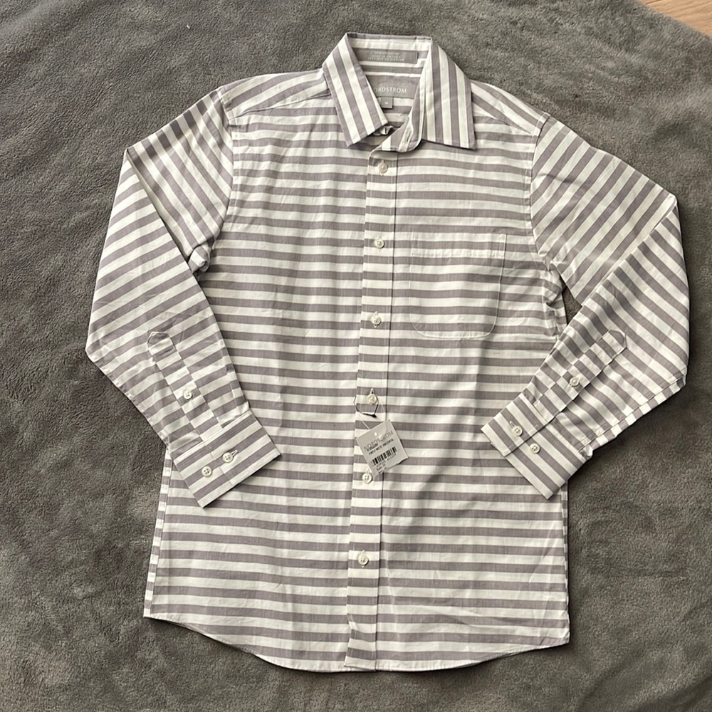 Nordstrom Boys Grey & White striped button down dress shirt